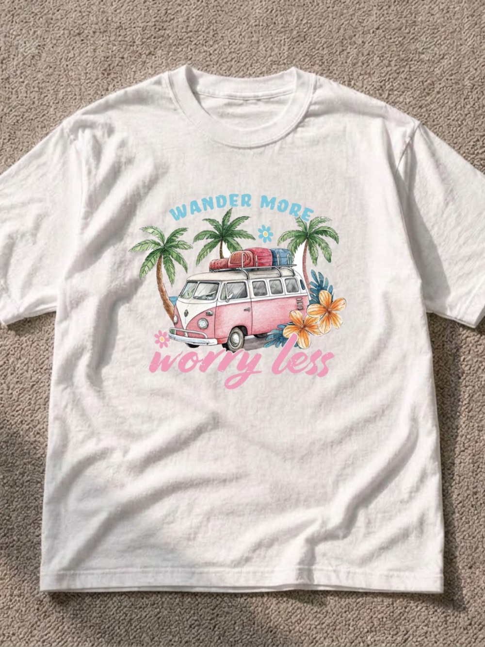 Gildan Summer Beach Camper Van Graphic Tee Ocean Sunset Shirt Size M White